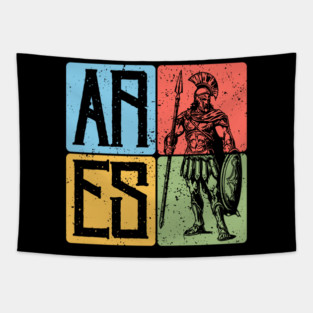 Ares the God of War - Spartan Warrior Retro Block Print Art Tapestry