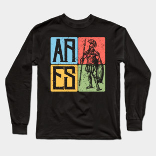 Ares the God of War - Spartan Warrior Retro Block Print Art Long Sleeve T-Shirt