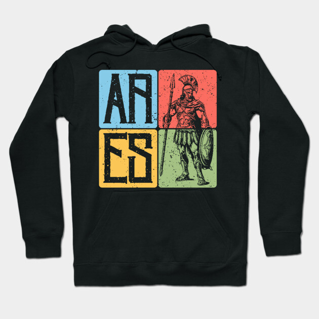 Ares the God of War - Spartan Warrior Retro Block Print Art Hoodie by TuncGK