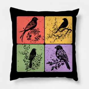 Birds on Branch Vintage Nature Art Pillow