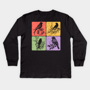 Birds on Branch Vintage Nature Art Kids Long Sleeve T-Shirt
