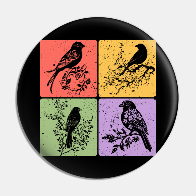 Birds on Branch Vintage Nature Art Pin by TuncGK