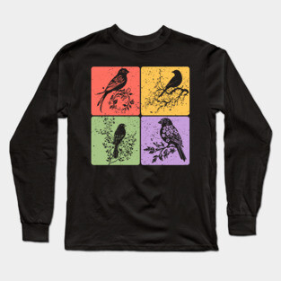 Birds on Branch Vintage Nature Art Long Sleeve T-Shirt