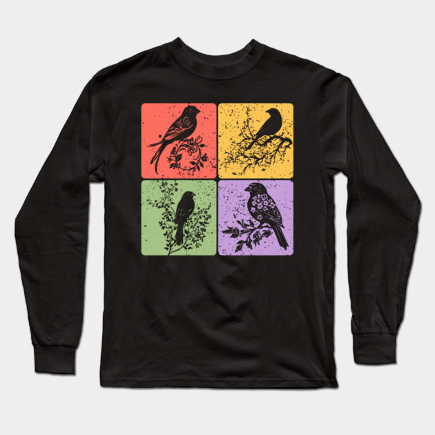 Birds on Branch Vintage Nature Art Long Sleeve T-Shirt by TuncGK