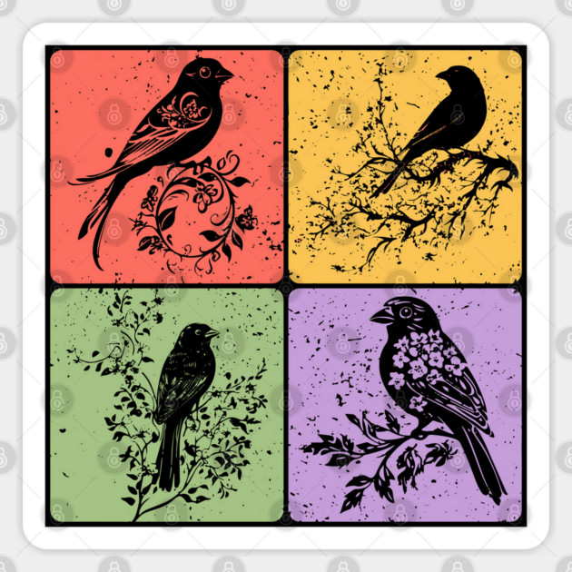 Birds on Branch Vintage Nature Art Sticker by TuncGK