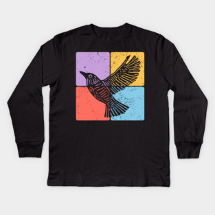 Black Bird Silhouette Retro Wildlife Art Kids Long Sleeve T-Shirt
