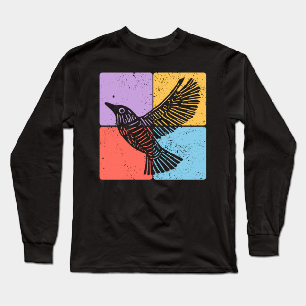 Black Bird Silhouette Retro Wildlife Art Long Sleeve T-Shirt by TuncGK