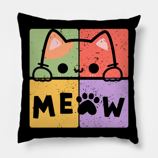 Cute Cat with Glasses and Meow Typography Pillow by TuncGK