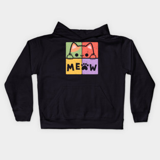 Cute Cat with Glasses and Meow Typography Kids Hoodie