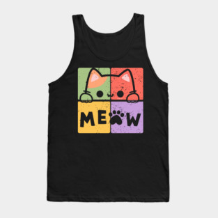 Cute Cat with Glasses and Meow Typography Tank Top