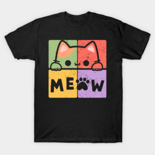 Cute Cat with Glasses and Meow Typography T-Shirt