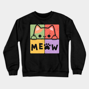 Cute Cat with Glasses and Meow Typography Crewneck Sweatshirt
