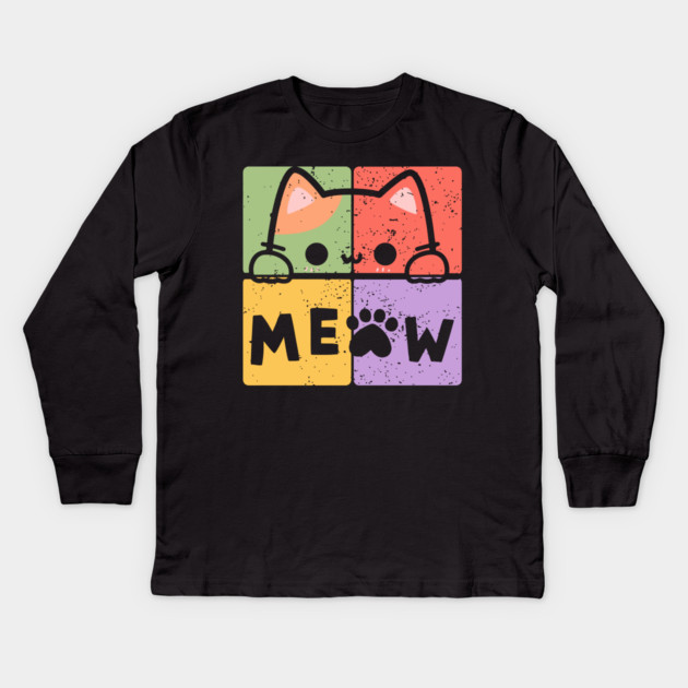 Cute Cat with Glasses and Meow Typography Kids Long Sleeve T-Shirt by TuncGK
