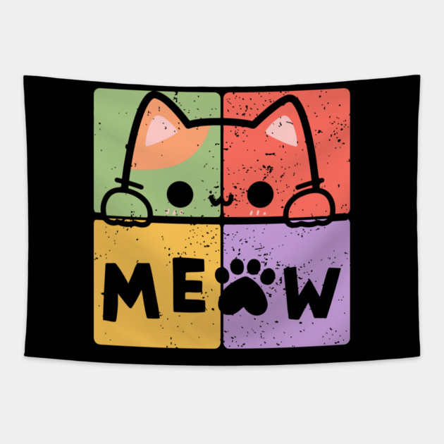 Cute Cat with Glasses and Meow Typography Tapestry by TuncGK