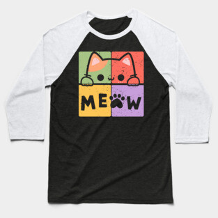 Cute Cat with Glasses and Meow Typography Baseball T-Shirt