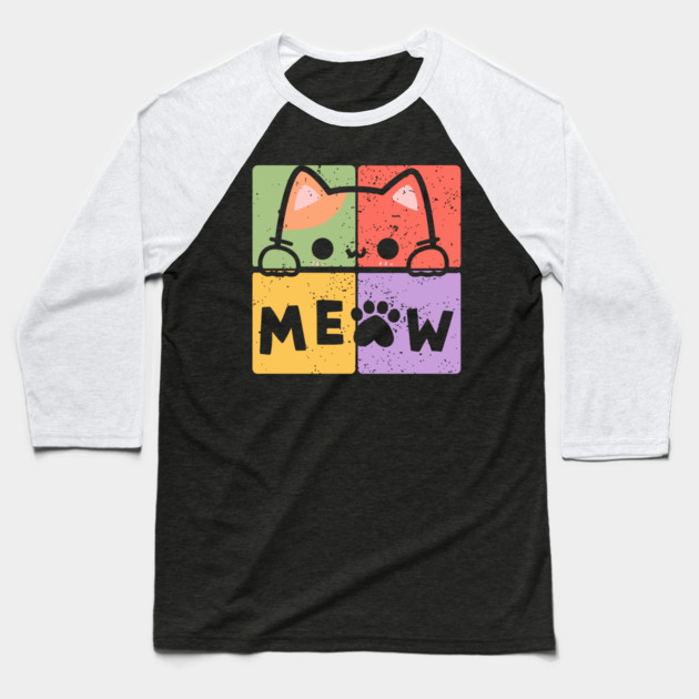 Cute Cat with Glasses and Meow Typography Baseball T-Shirt by TuncGK