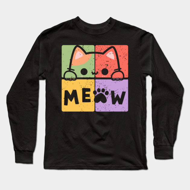 Cute Cat with Glasses and Meow Typography Long Sleeve T-Shirt by TuncGK