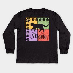 Meow Cat Typography Retro Style Art Kids Long Sleeve T-Shirt