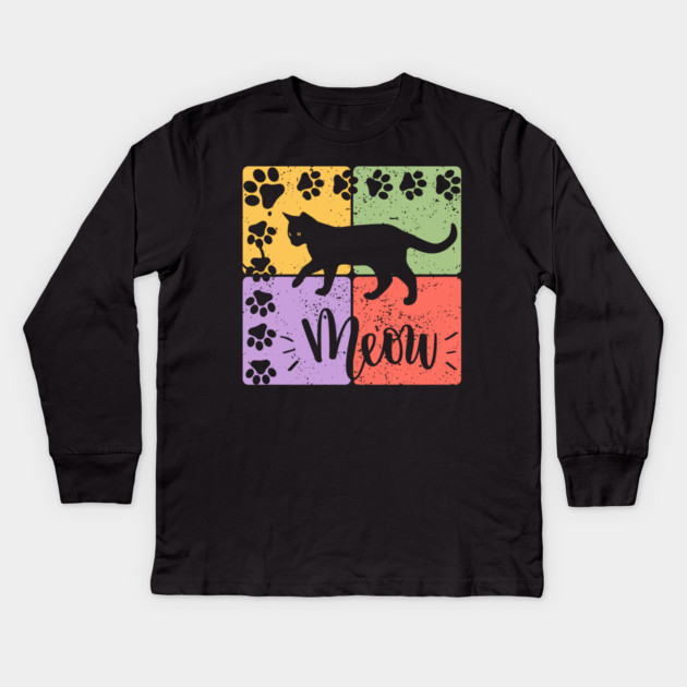 Meow Cat Typography Retro Style Art Kids Long Sleeve T-Shirt by TuncGK