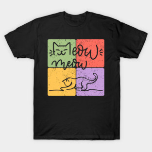 Playful Cat Silhouette Retro Block Print T-Shirt