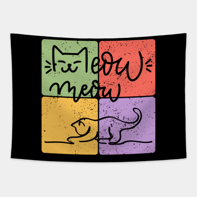 Playful Cat Silhouette Retro Block Print Tapestry by TuncGK