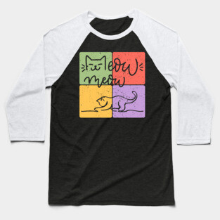 Playful Cat Silhouette Retro Block Print Baseball T-Shirt