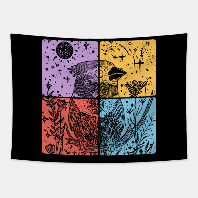 Red Cardinal Bird Silhouette Retro Nature Art Tapestry by TuncGK