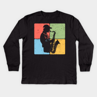 Jazz Saxophone Player Retro Music Art Kids Long Sleeve T-Shirt