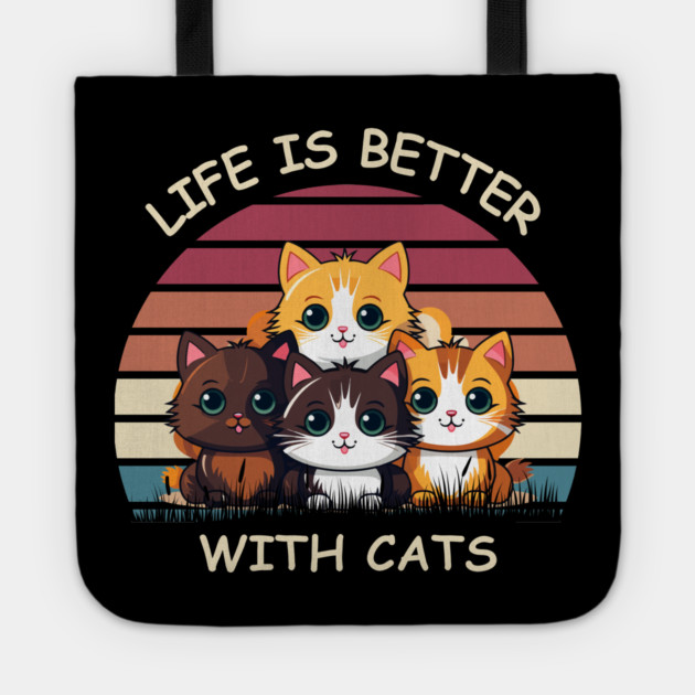 Life Is Better With Cats - Cute Kittens Retro T-Shirt Tote by Premachandra's Store