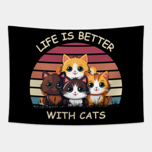 Life Is Better With Cats - Cute Kittens Retro T-Shirt Tapestry