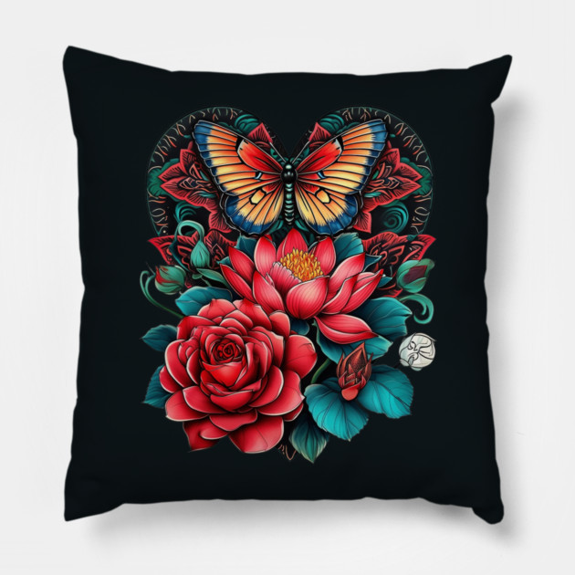 Butterfly Heart Flower Tattoo Pillow by animegirlnft
