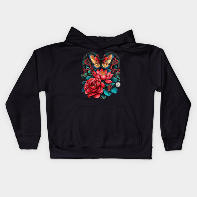 Butterfly Heart Flower Tattoo Kids Hoodie by animegirlnft