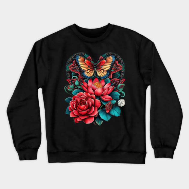 Butterfly Heart Flower Tattoo Crewneck Sweatshirt by animegirlnft