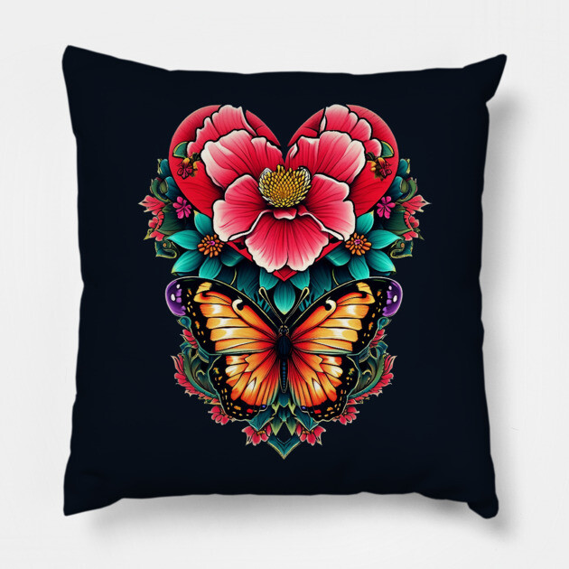 Butterfly Rose Heart Tattoo Pillow by animegirlnft