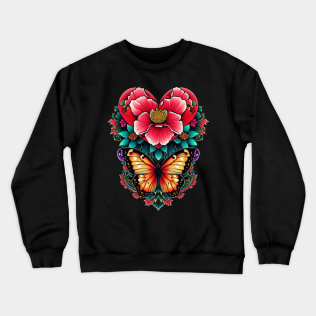 Butterfly Rose Heart Tattoo Crewneck Sweatshirt by animegirlnft
