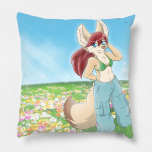 Fennec Fox Girl on a Flower Field Pillow