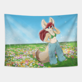 Fennec Fox Girl on a Flower Field Tapestry