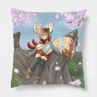 Fennec Fox Girl Bard Lira with Cherry Blossoms Pillow