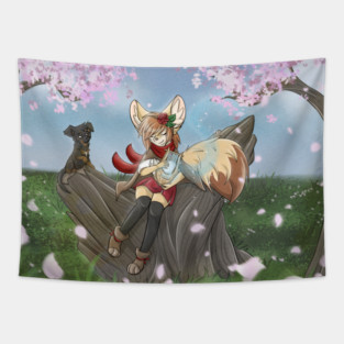 Fennec Fox Girl Bard Lira with Cherry Blossoms Tapestry