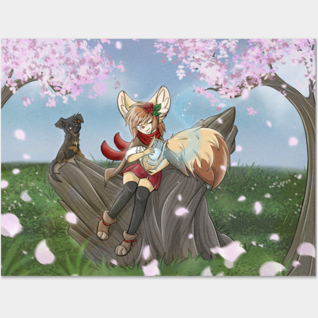 Fennec Fox Girl Bard Lira with Cherry Blossoms Wall Art by Fennek