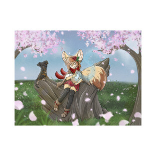 Fennec Fox Girl Bard Lira with Cherry Blossoms Posters and Art
