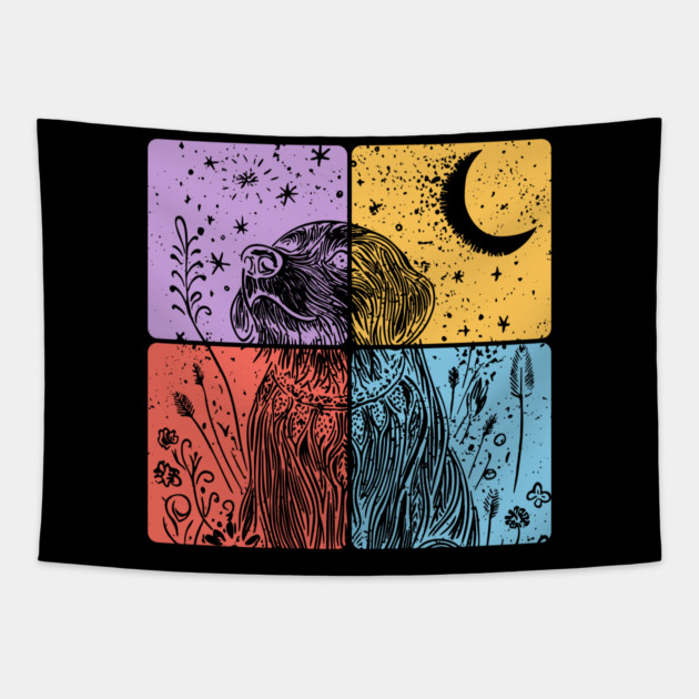 Floral Dog Silhouette Nighttime Artistic Pet Art Tapestry by TuncGK