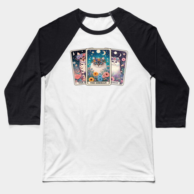 Mystical Cat Tarot Card - Floral Zodiac Feline Art Baseball T-Shirt by Premachandra's Store