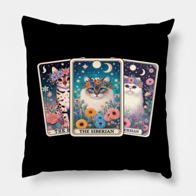 Mystical Cat Tarot Card - Floral Zodiac Feline Art Pillow by Premachandra's Store