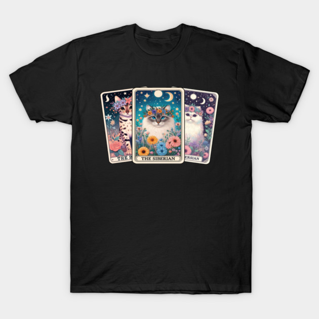 Mystical Cat Tarot Card - Floral Zodiac Feline Art T-Shirt by Premachandra's Store