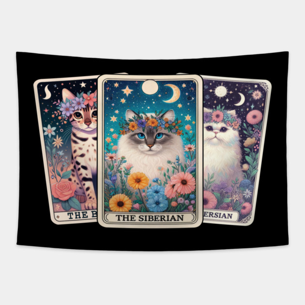 Mystical Cat Tarot Card - Floral Zodiac Feline Art Tapestry by Premachandra's Store