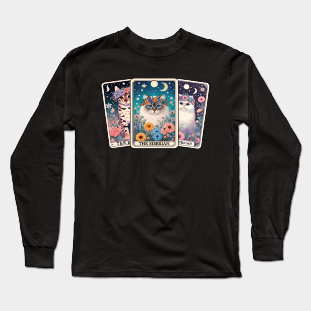 Mystical Cat Tarot Card - Floral Zodiac Feline Art Long Sleeve T-Shirt by Premachandra's Store