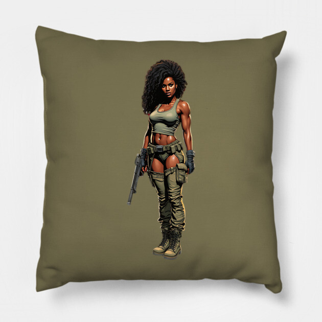 Black Woman with Gun Pillow by animegirlnft
