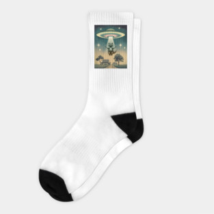 UFO Flying Saucer Abducting Raccoon, funny alien racoon Socks