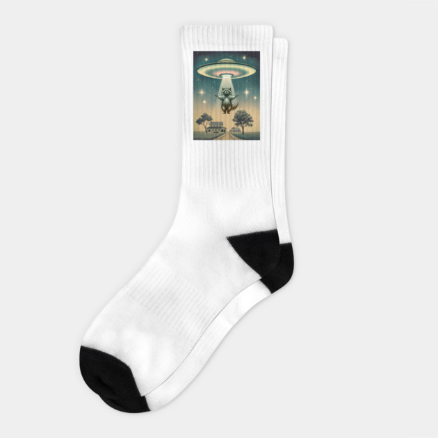 UFO Flying Saucer Abducting Raccoon, funny alien racoon Socks by Luxinda